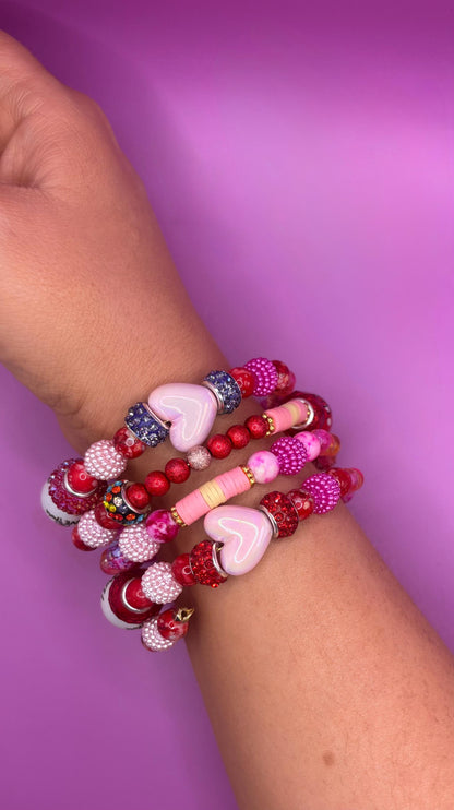 Beaded Stretch Bracelet Set – Pink, Red, and White Charm Jewelry – Statement Arm Candy Women Teens