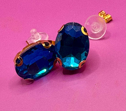 Elegant Blue Gemstone Earrings Gold Tone Oval Studs Perfect Gift for Her Timeless Fashion Jewellery