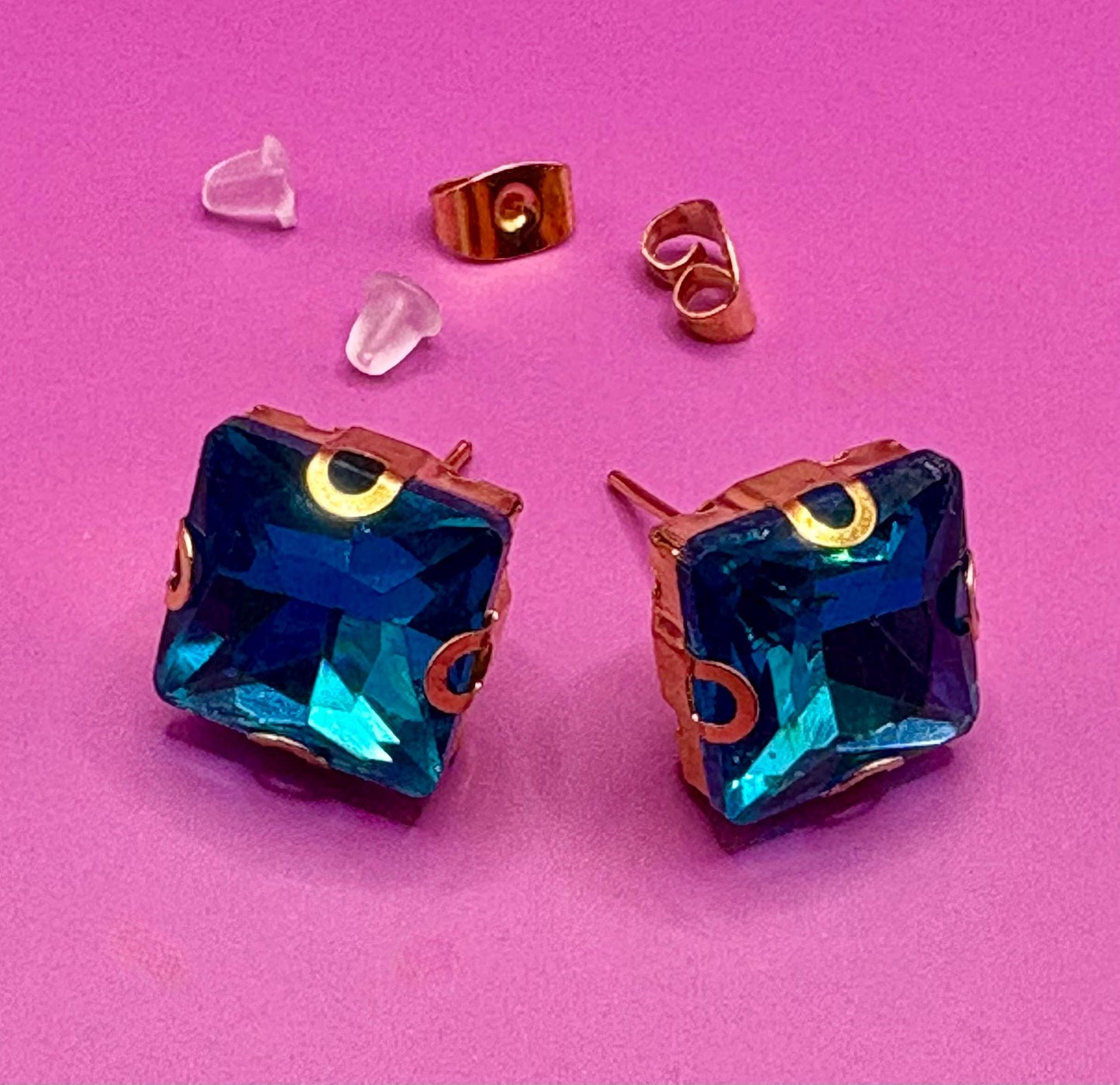 Elegant Blue Gemstone Earrings | Gold Tone square Studs Gift for Her | Timeless Fashion Jewellery