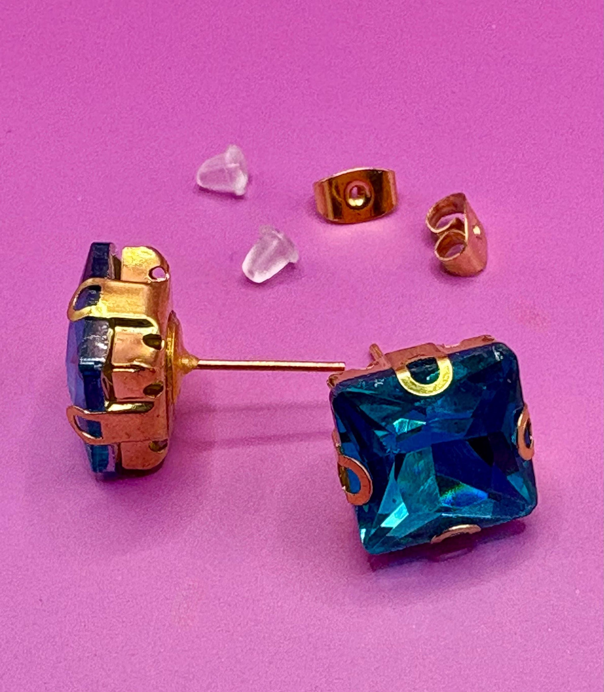 Elegant Blue Gemstone Earrings | Gold Tone square Studs Gift for Her | Timeless Fashion Jewellery