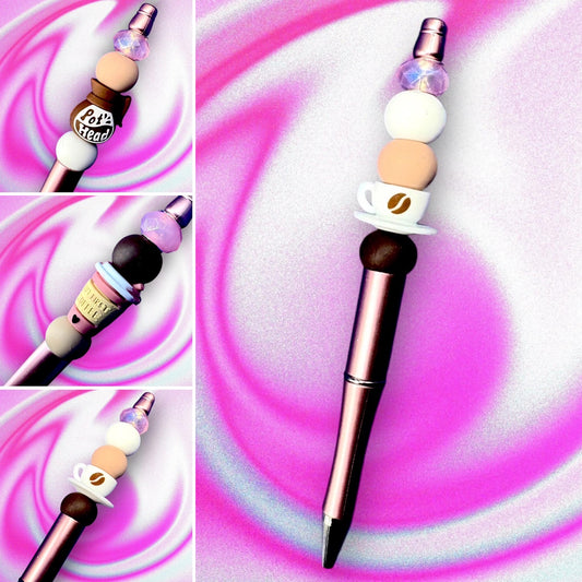 Each pen showcases a playful assortment of beads, including coffee cups, coffee pots, and fun phrases, making it a delightful conversation starter.