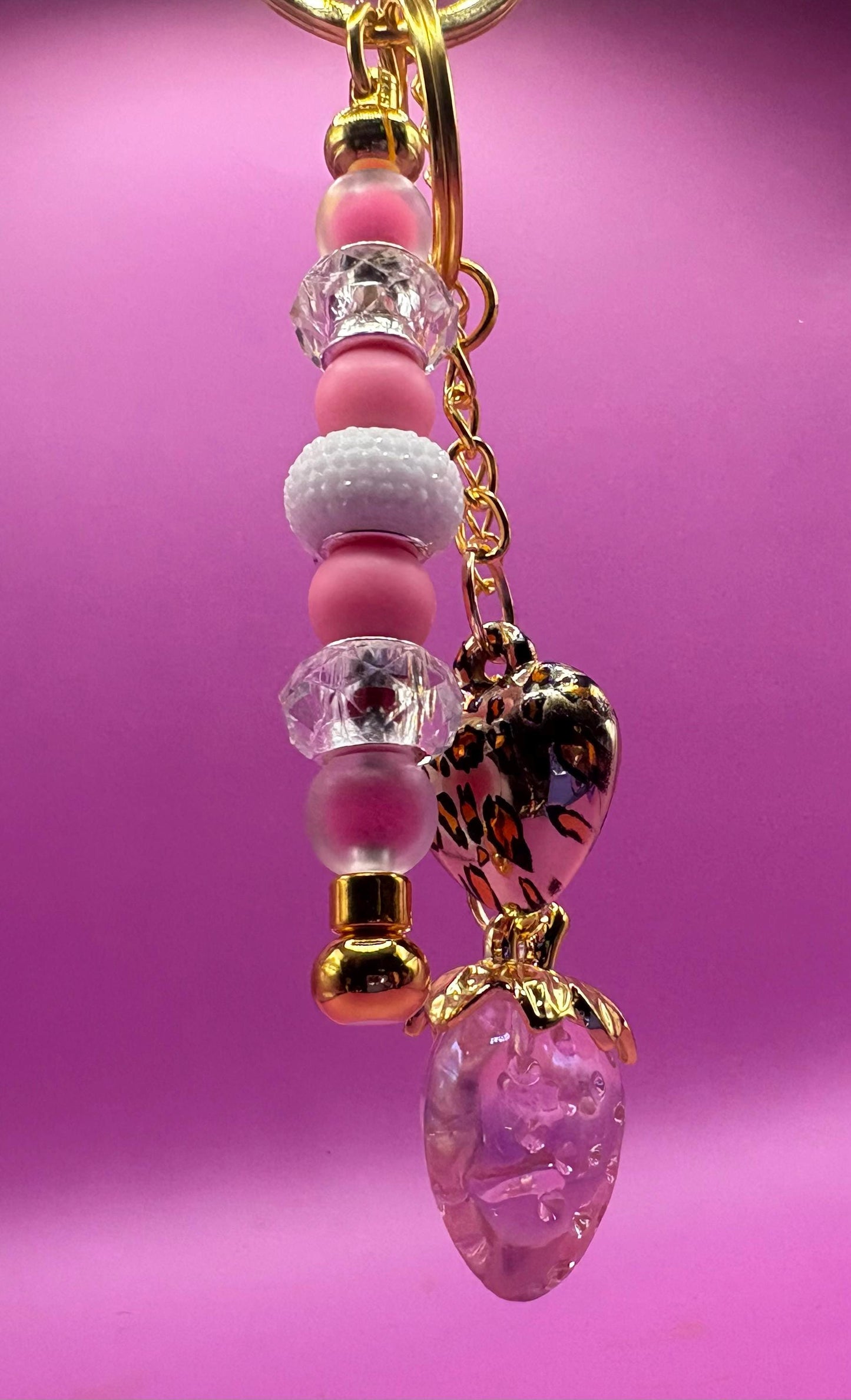 beaded keyring keychain leopard heart pendant and strawberry pendant pink beads