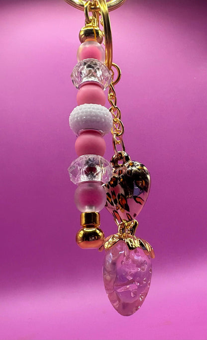 beaded keyring keychain leopard heart pendant and strawberry pendant pink beads
