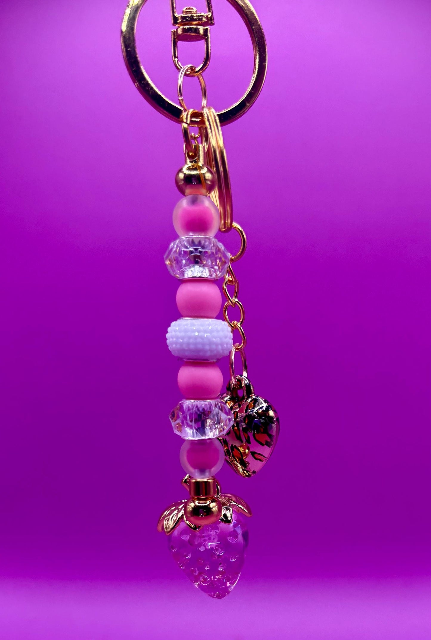 beaded keyring keychain leopard heart pendant and strawberry pendant pink beads