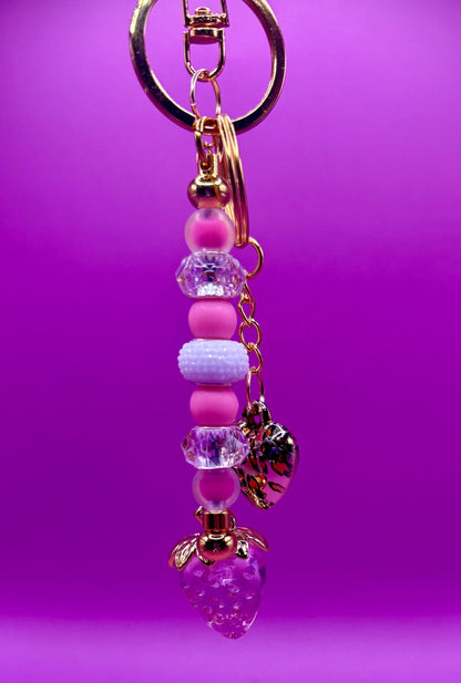 beaded keyring keychain leopard heart pendant and strawberry pendant pink beads