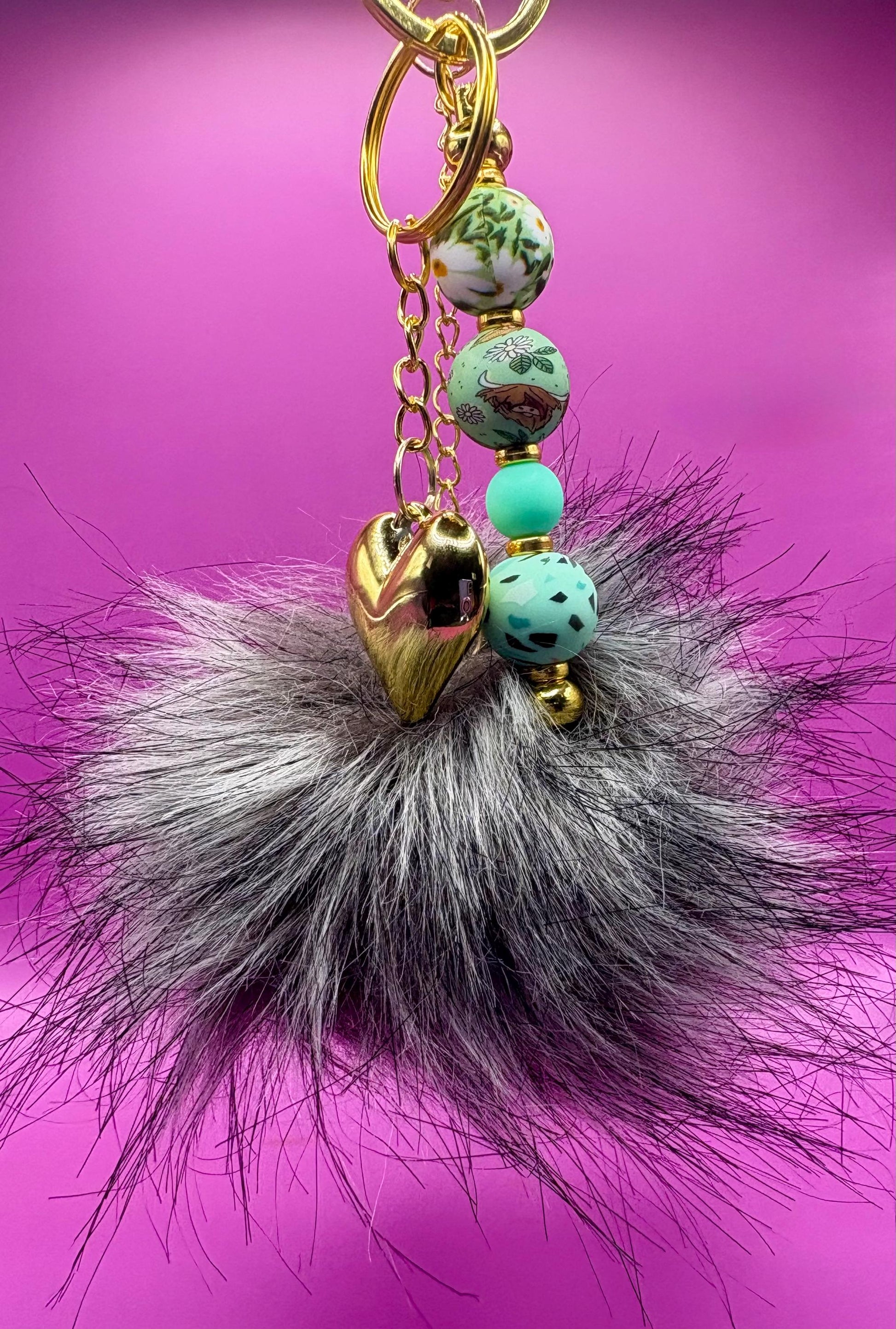 keychain bag charm pendant and fluffy ball cute key pendant - highland cow patterned bead