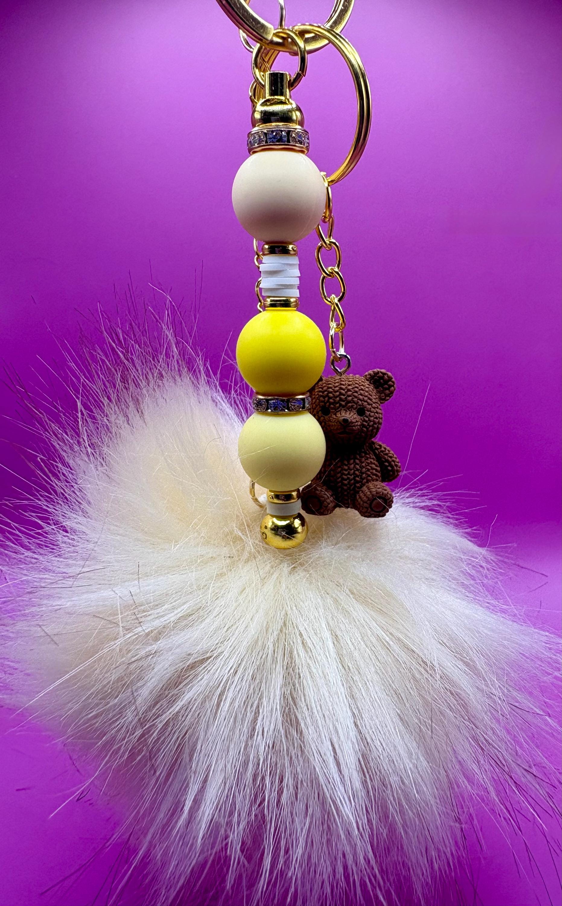 beaded keyring keychain with pendant and fluffy ball cute key pendant - yellow beads teddy bear