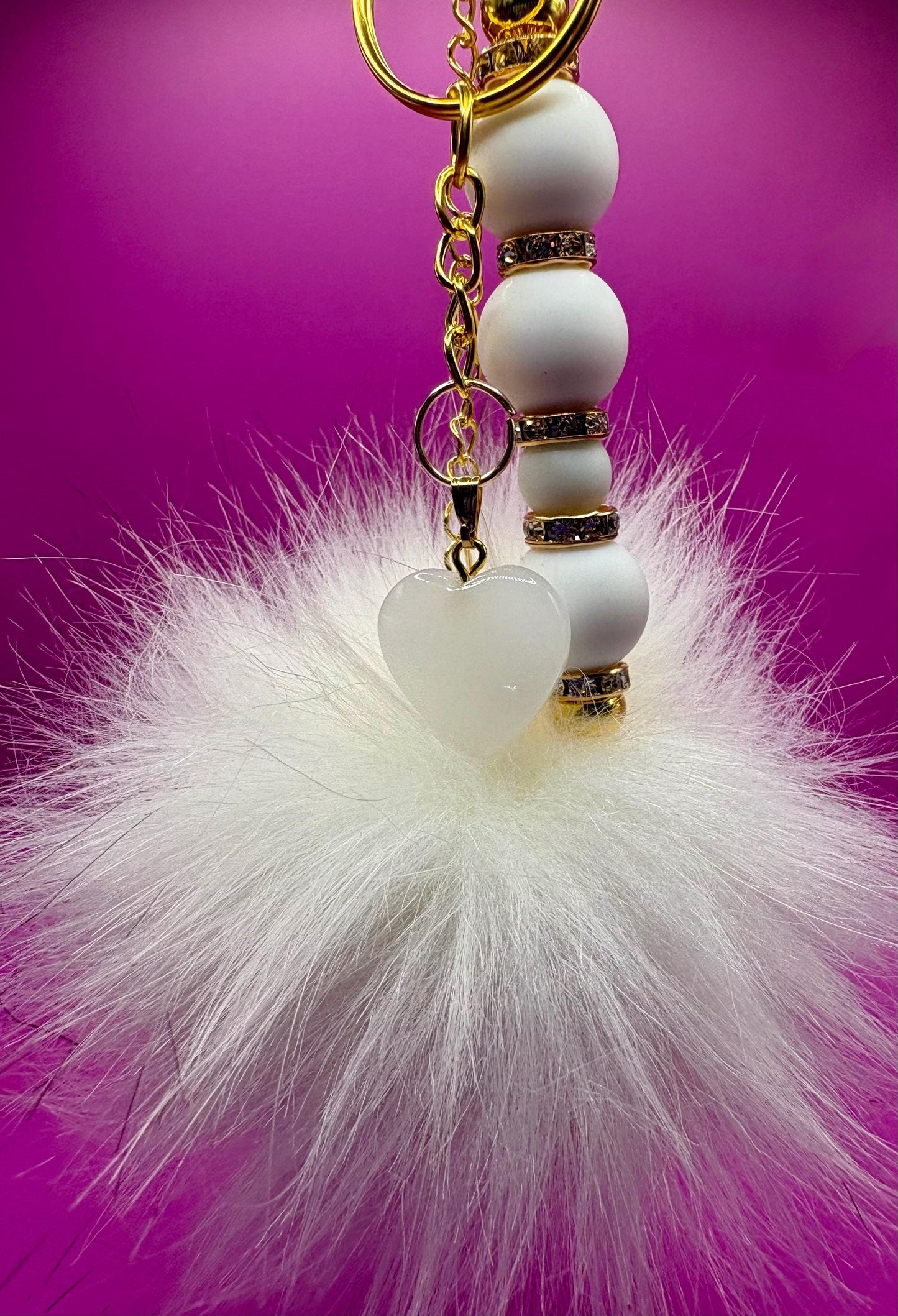 beaded keychain bag charm white beads with gold sparkly spacers heart pendant and fluffy ball