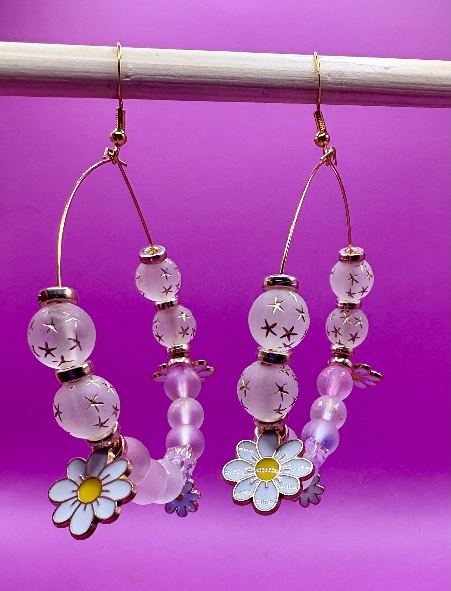 Handmade beaded hoop earrings- Daisy gold pendant glass bead large hoops metallic beads gold spacers unique summer festival earrings