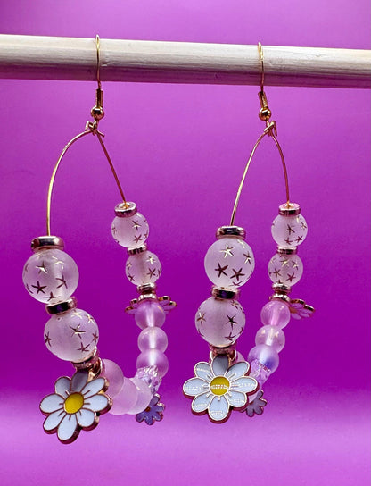 Handmade beaded hoop earrings- Daisy gold pendant glass bead large hoops metallic beads gold spacers unique summer festival earrings