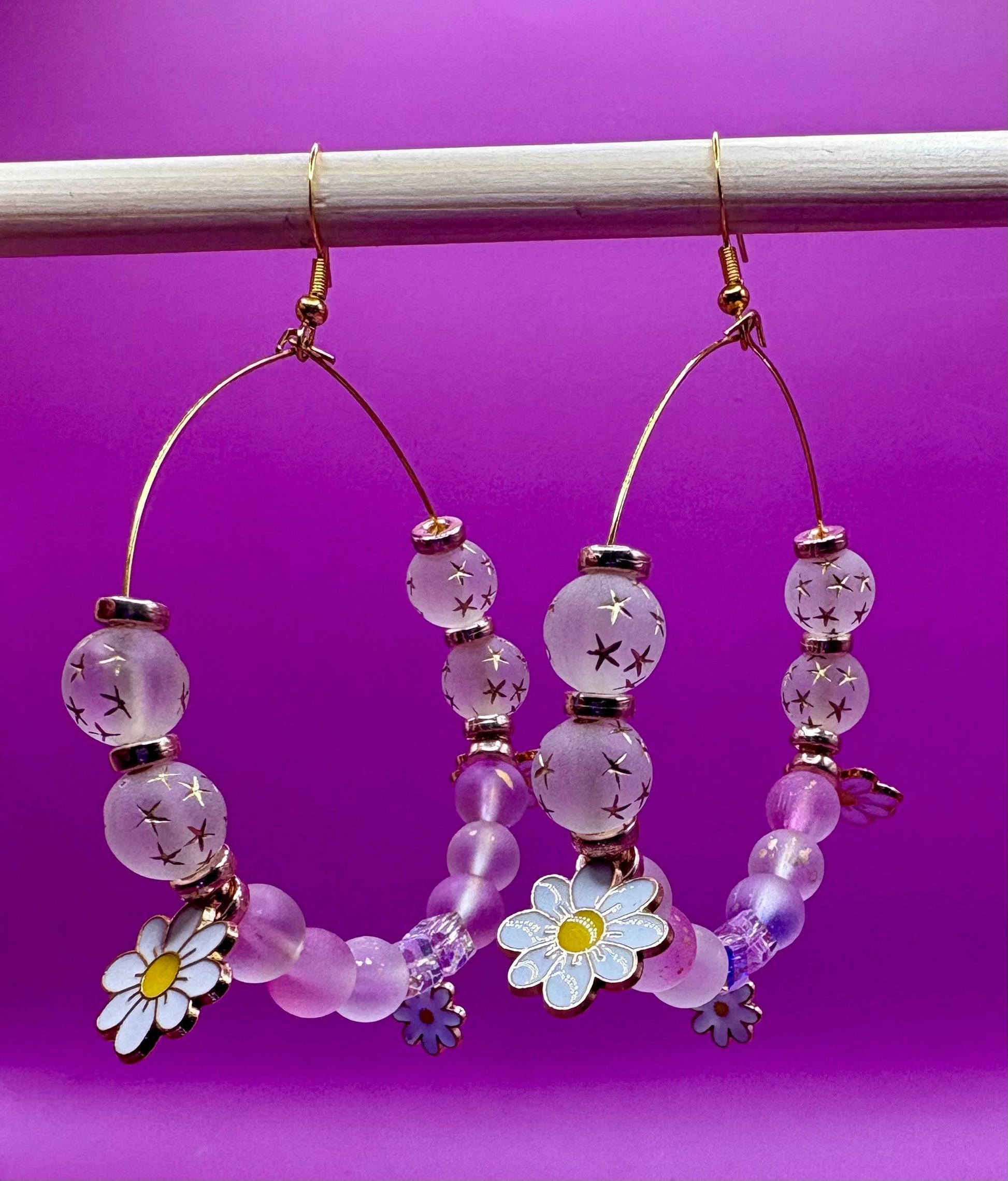 Handmade beaded hoop earrings- Daisy gold pendant glass bead large hoops metallic beads gold spacers unique summer festival earrings