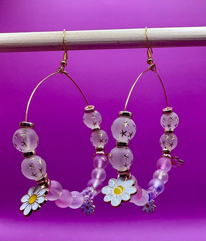 Handmade beaded hoop earrings- Daisy gold pendant glass bead large hoops metallic beads gold spacers unique summer festival earrings