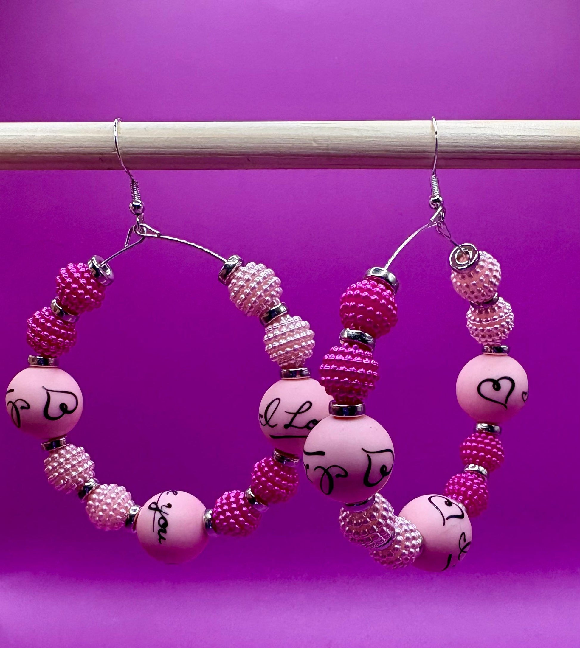 Handmade beaded hoop earrings- I love you heart silver large hoops summer festival earrings