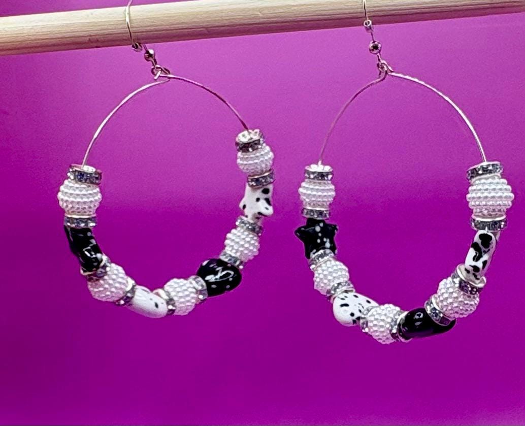 Handmade beaded hoop earrings- black white silver heart and star large hoops clay beads marble beads spacers unique festival earrings