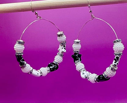 Handmade beaded hoop earrings- black white silver heart and star large hoops clay beads marble beads spacers unique festival earrings