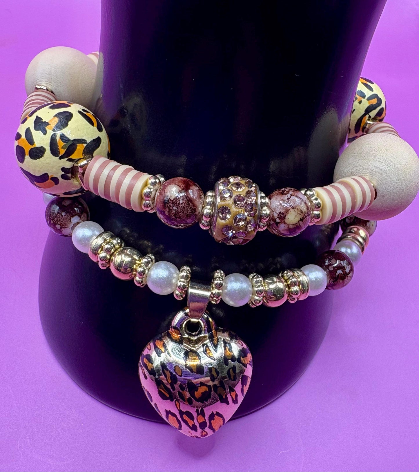 handmade beaded charm bracelets stacks leopard print edition- gold brown magnetic closing