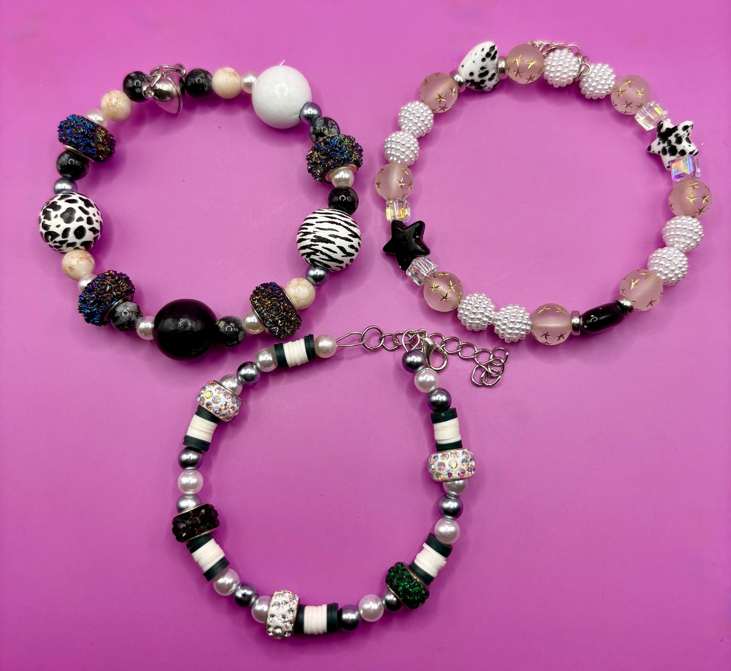 handmade beaded charm bracelets stacks black and white edition- zebra print memory wire magnetic closing friendship girlfriend wife for her
