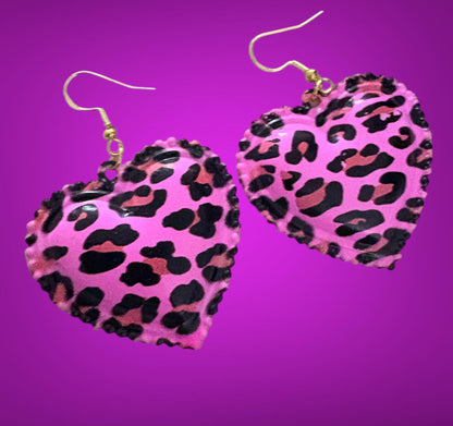 Heart pendant leopard print pink drop dangly earrings with gold. Large heart leopard dangly unique handmade earrings drop length 5cm