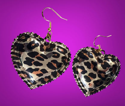 Heart pendant leopard print drop dangly earrings with gold. Large heart leopard dangly unique handmade earrings drop length 5cm