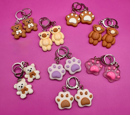 Teddy bears bear paw earrings, dangly drop earrings. cartoon novelty costume jewellery