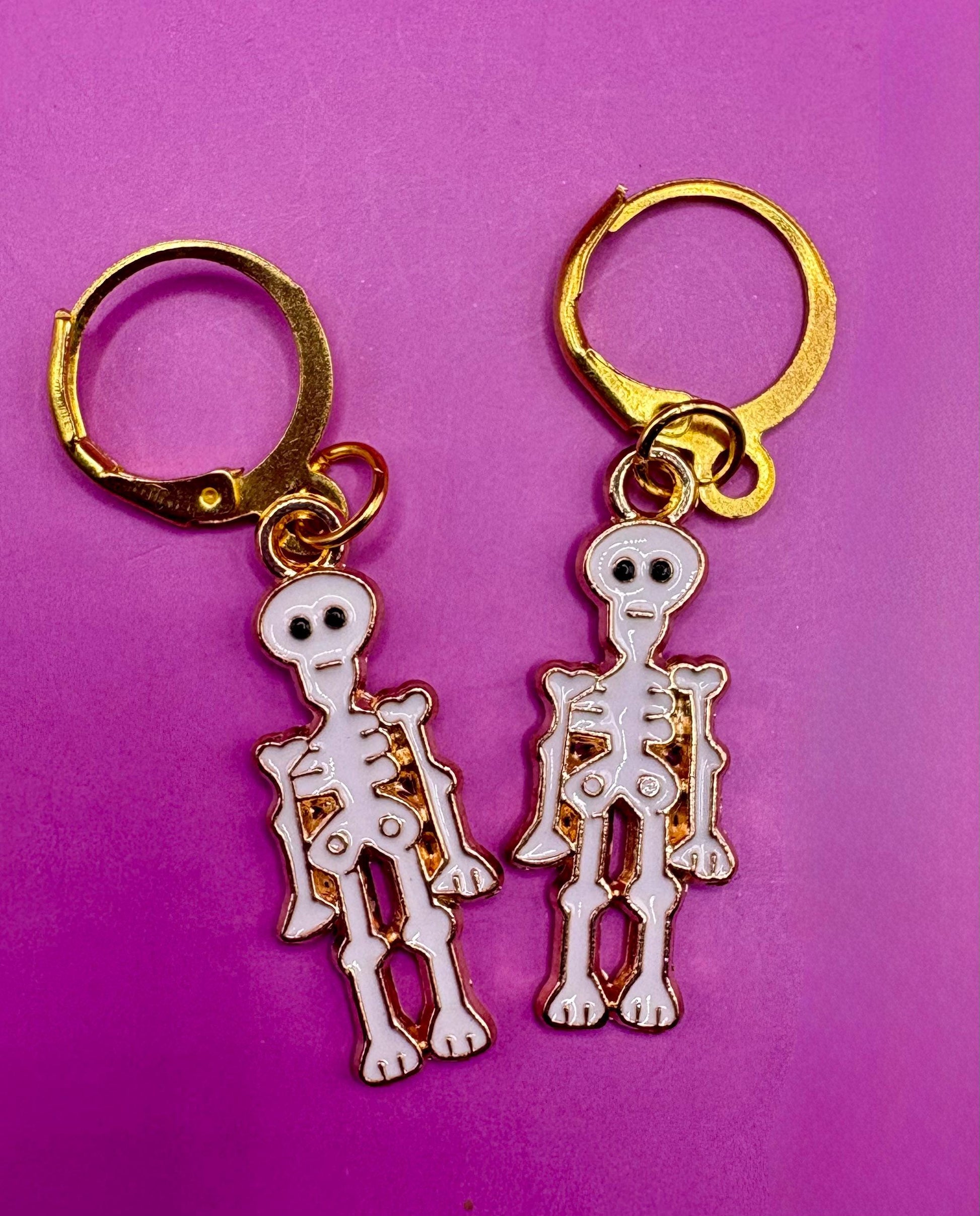 cute skeleton Halloween earrings gold zinc alloy dangly party spooky costume jewellery