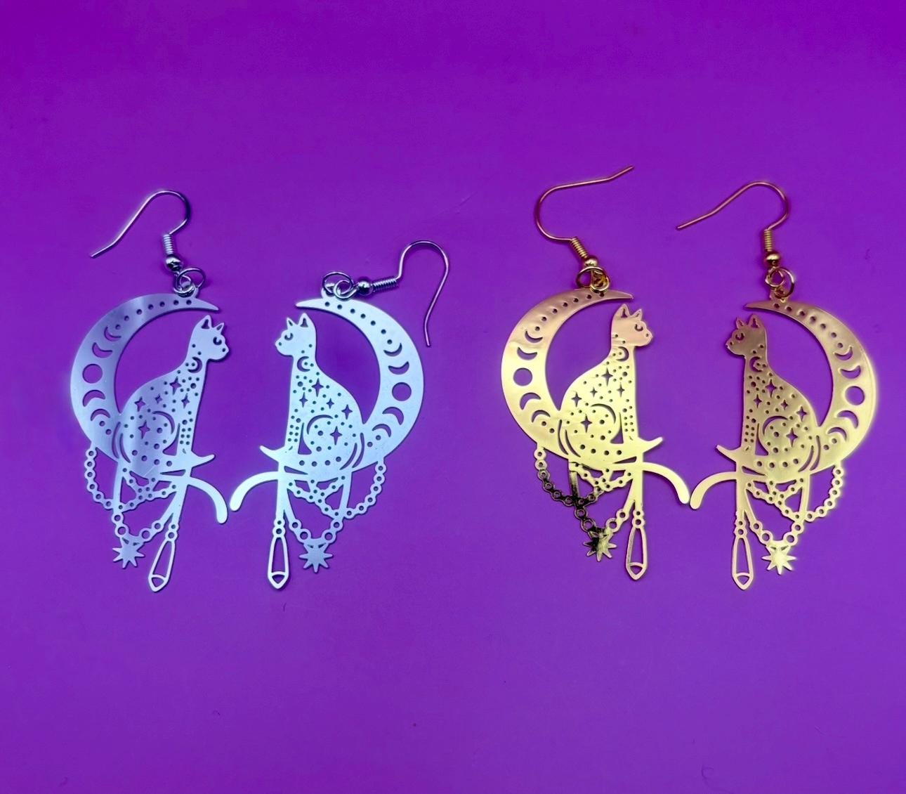 Cat on the Moon Earrings |Unique Gift for Cat Lovers available in gold and silver