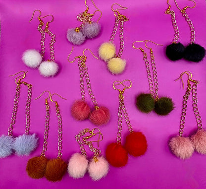 Long fluffy pom pom dangly drop earrings Handmade costume jewellery gold with rose gold chain