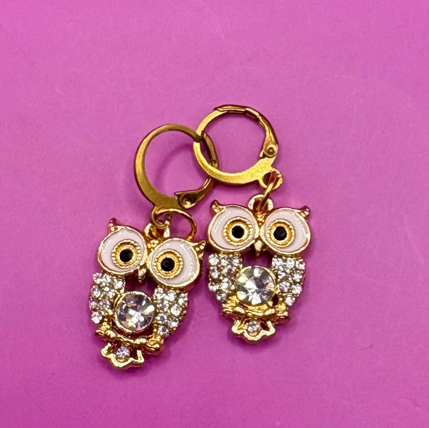 Cute owl diamanté earings- colour gold