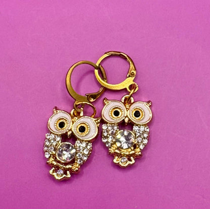 Cute owl diamanté earings- colour gold