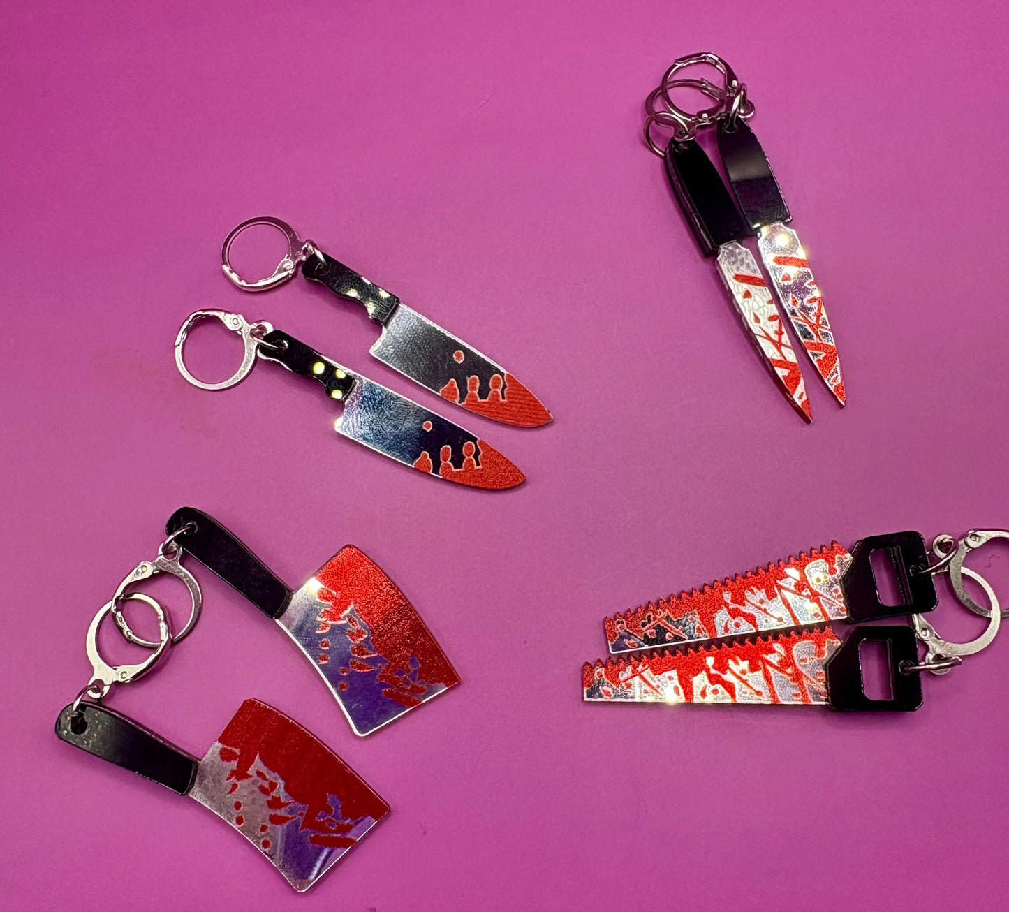 Halloween earrings fake knives, axes, blood scary spooky scream murder accessories realistic horror thriller micheal myers killer decoration