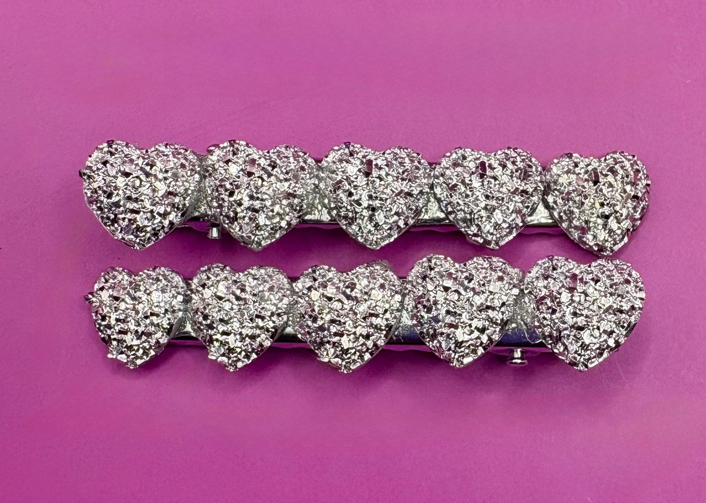 Heart, circular glitter sparkly small hair slides sliver fashion hair clip Christmas 6cm. Sold as pairs