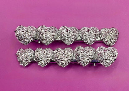 Heart, circular glitter sparkly small hair slides sliver fashion hair clip Christmas 6cm. Sold as pairs