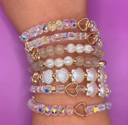 Boho Mermaid Bracelet wraparound Stack | Seashell & Star Beaded Bracelets | Crystal Heart Stretch Bracelet Set | Festival Jewelry Gift
