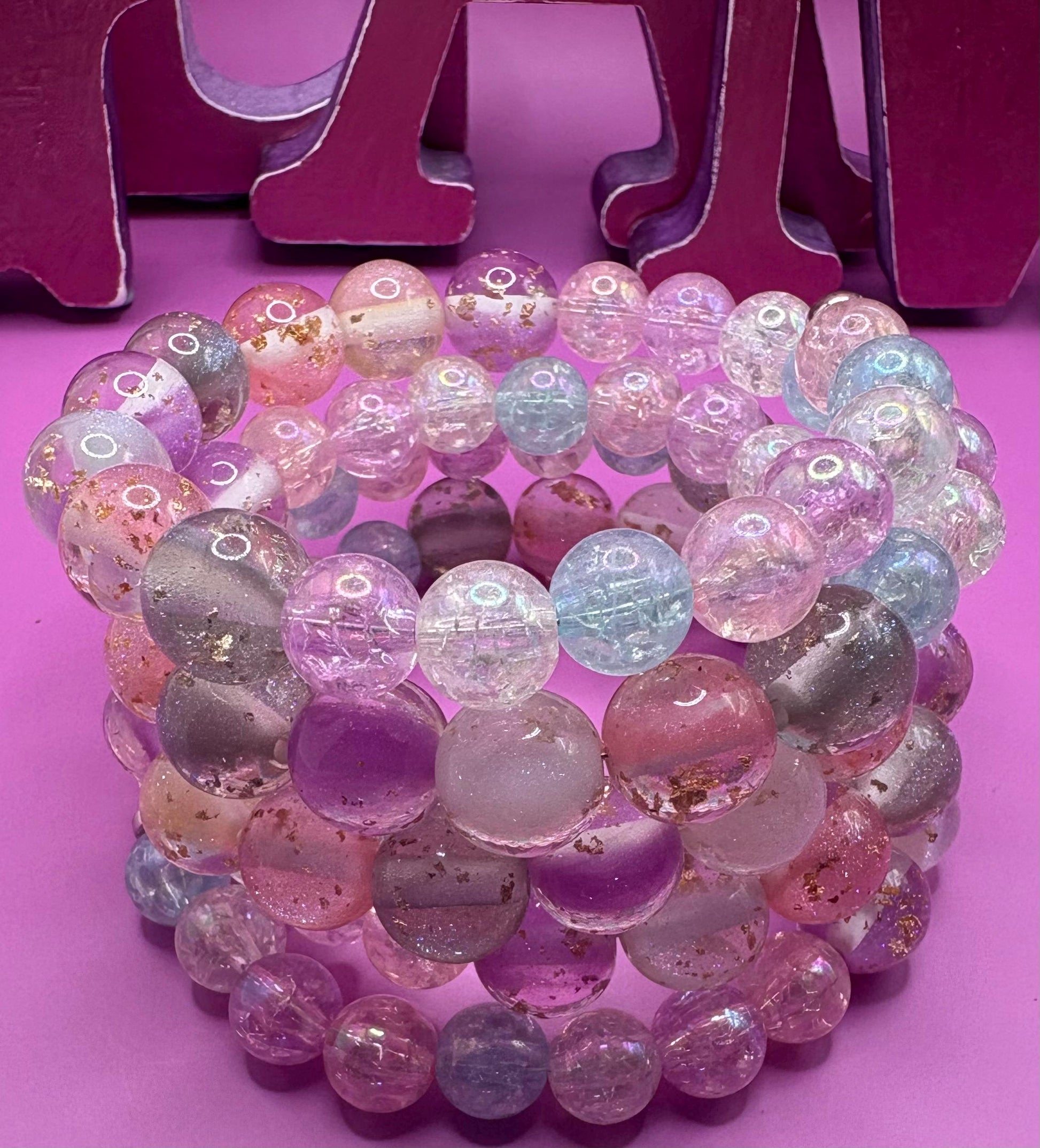 Pastel Glitter Resin Bead Bracelet – Handmade Stretch Bracelet with Gold Foil, Kawaii Aesthetic Jewelry, Cute Gift for Her wrap Bracelet