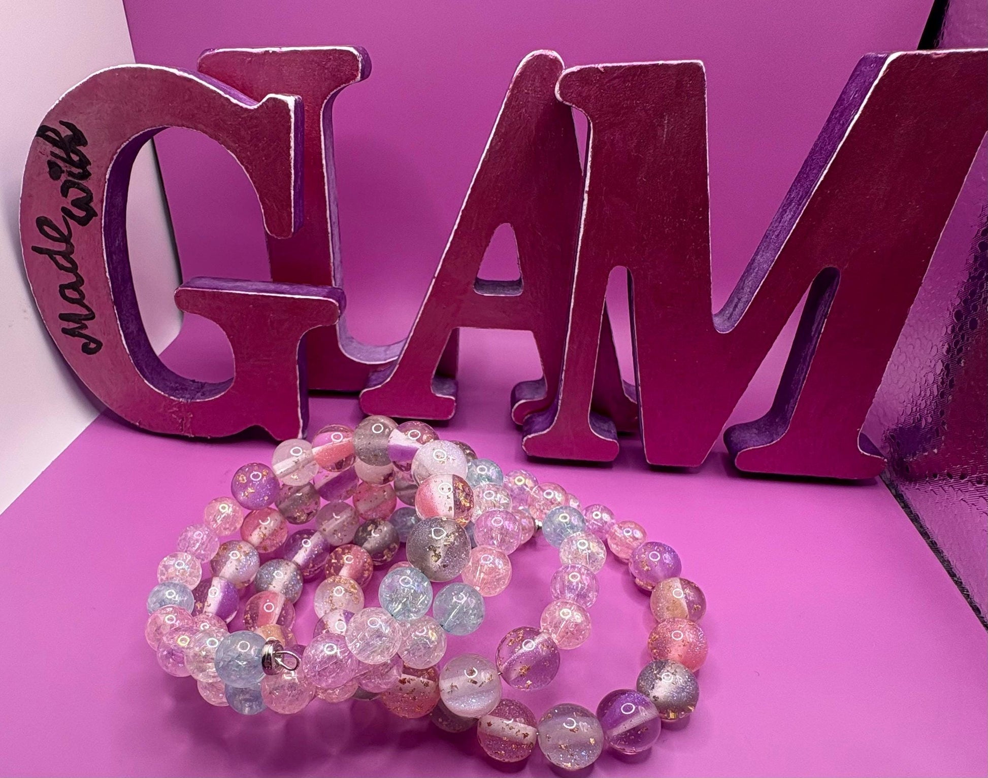 Pastel Glitter Resin Bead Bracelet – Handmade Stretch Bracelet with Gold Foil, Kawaii Aesthetic Jewelry, Cute Gift for Her wrap Bracelet
