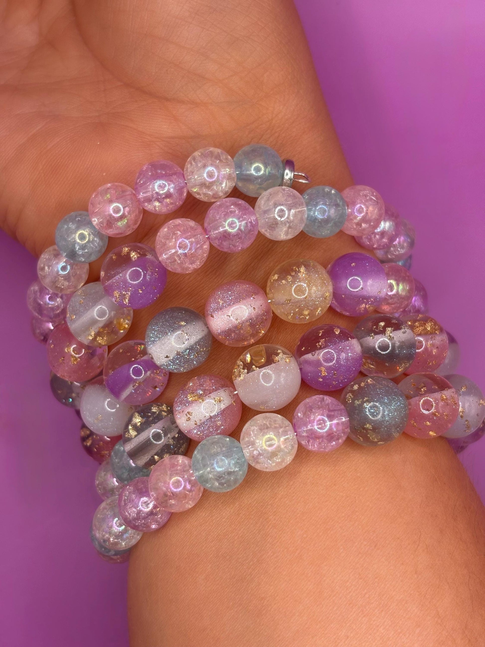 Pastel Glitter Resin Bead Bracelet – Handmade Stretch Bracelet with Gold Foil, Kawaii Aesthetic Jewelry, Cute Gift for Her wrap Bracelet
