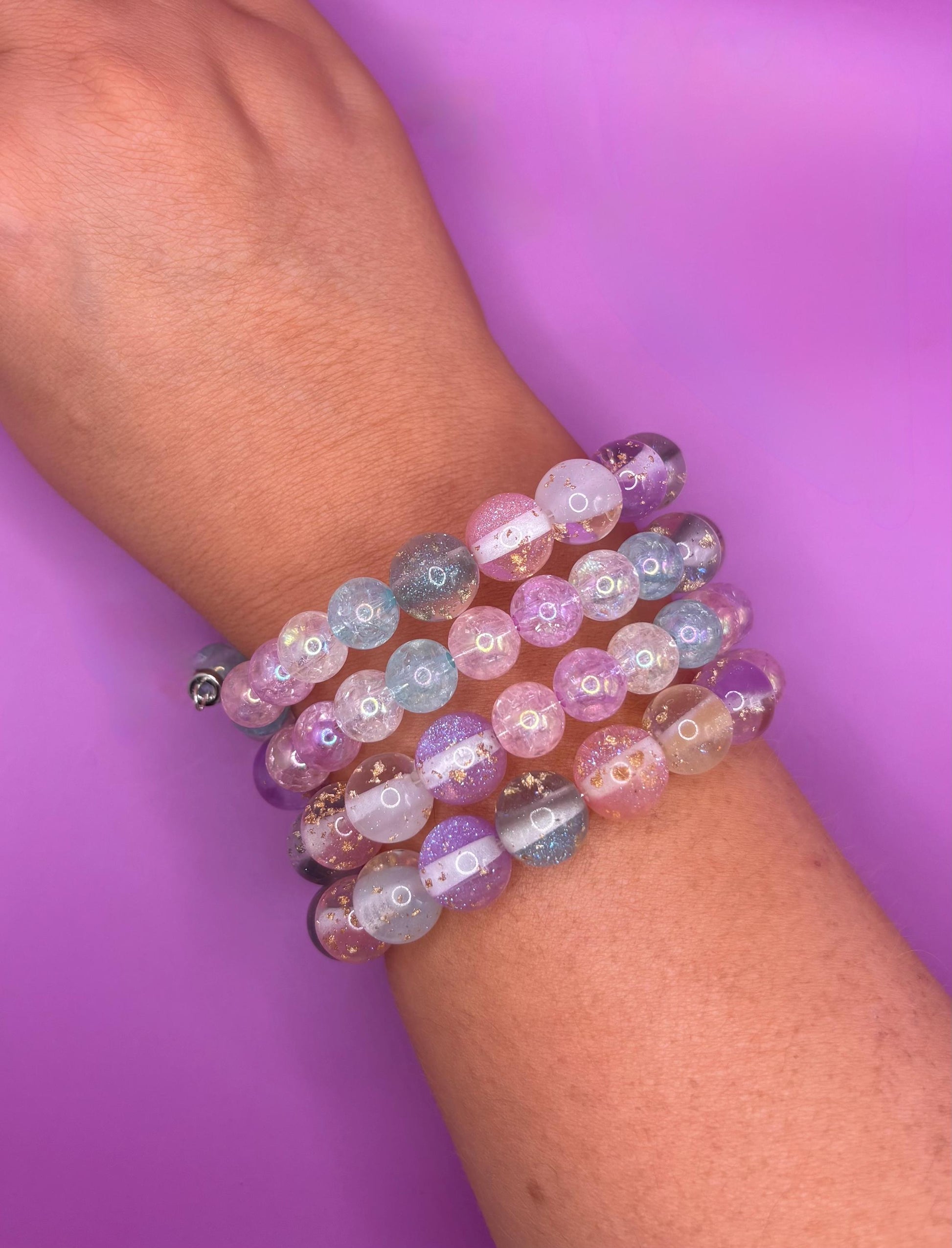 Pastel Glitter Resin Bead Bracelet – Handmade Stretch Bracelet with Gold Foil, Kawaii Aesthetic Jewelry, Cute Gift for Her wrap Bracelet