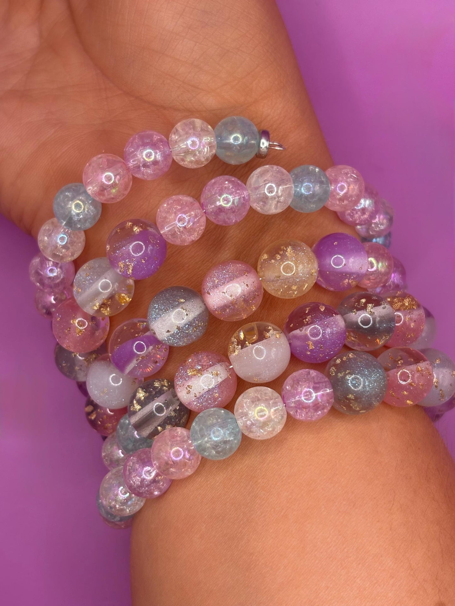 Pastel Glitter Resin Bead Bracelet – Handmade Stretch Bracelet with Gold Foil, Kawaii Aesthetic Jewelry, Cute Gift for Her wrap Bracelet