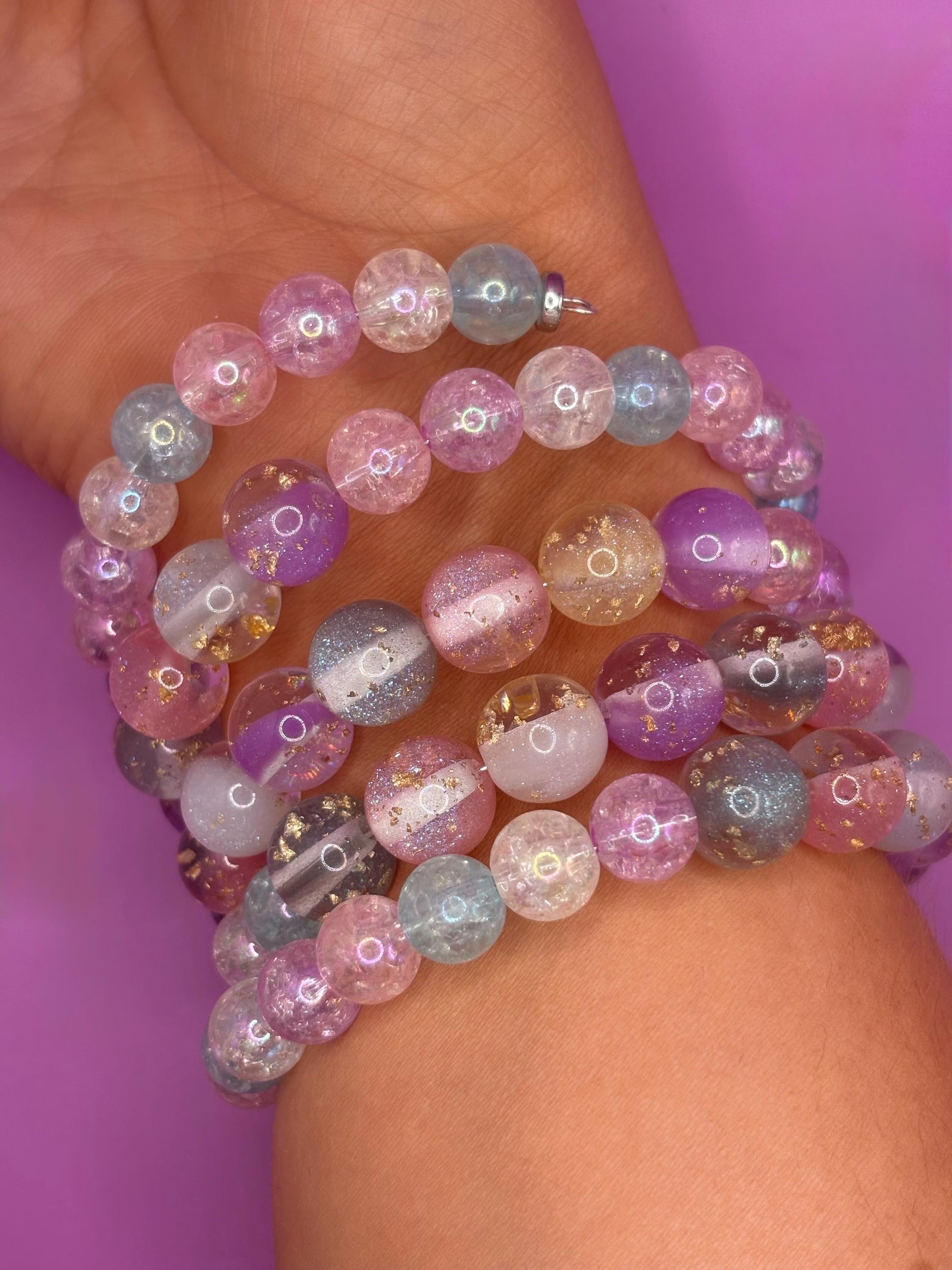 Pastel Glitter Resin Bead Bracelet – Handmade Stretch Bracelet with Gold Foil, Kawaii Aesthetic Jewelry, Cute Gift for Her wrap Bracelet