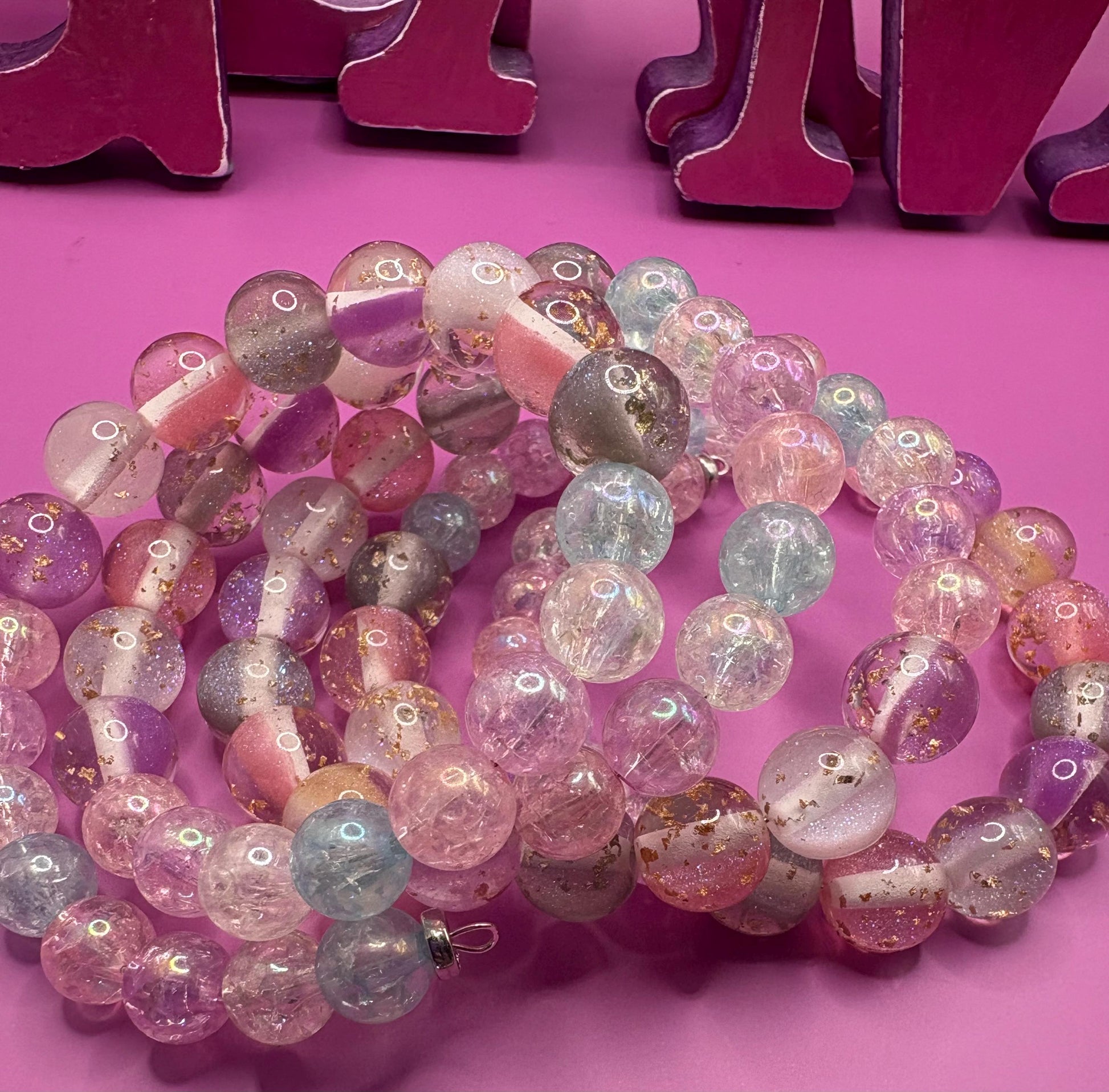 Pastel Glitter Resin Bead Bracelet – Handmade Stretch Bracelet with Gold Foil, Kawaii Aesthetic Jewelry, Cute Gift for Her wrap Bracelet