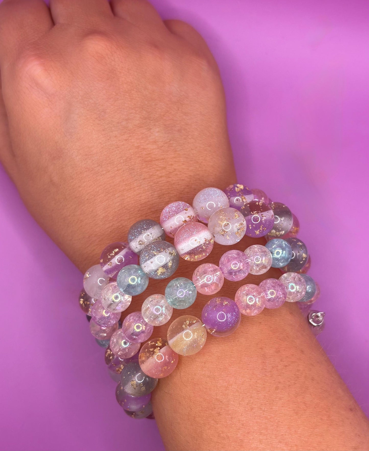 Pastel Glitter Resin Bead Bracelet – Handmade Stretch Bracelet with Gold Foil, Kawaii Aesthetic Jewelry, Cute Gift for Her wrap Bracelet