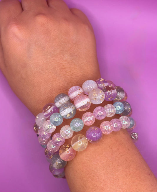 Pastel Glitter Resin Bead Bracelet – Handmade Stretch Bracelet with Gold Foil, Kawaii Aesthetic Jewelry, Cute Gift for Her wrap Bracelet
