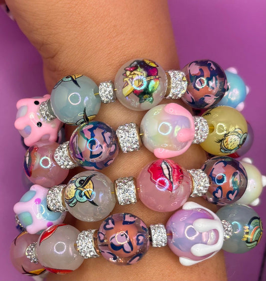 Pastel Resin Bead Bracelet – Handmade Stretch Bracelet with colourful pudding owls and lips fun Jewelry, Cute Gift for Her wrap Bracelet