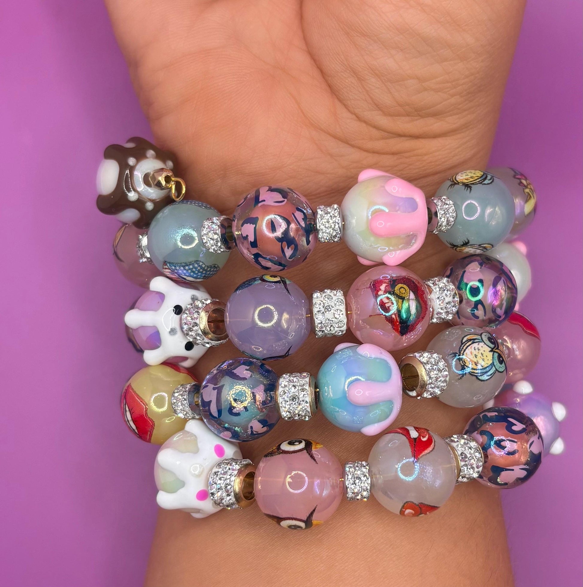 Pastel Resin Bead Bracelet – Handmade Stretch Bracelet with colourful pudding owls and lips fun Jewelry, Cute Gift for Her wrap Bracelet