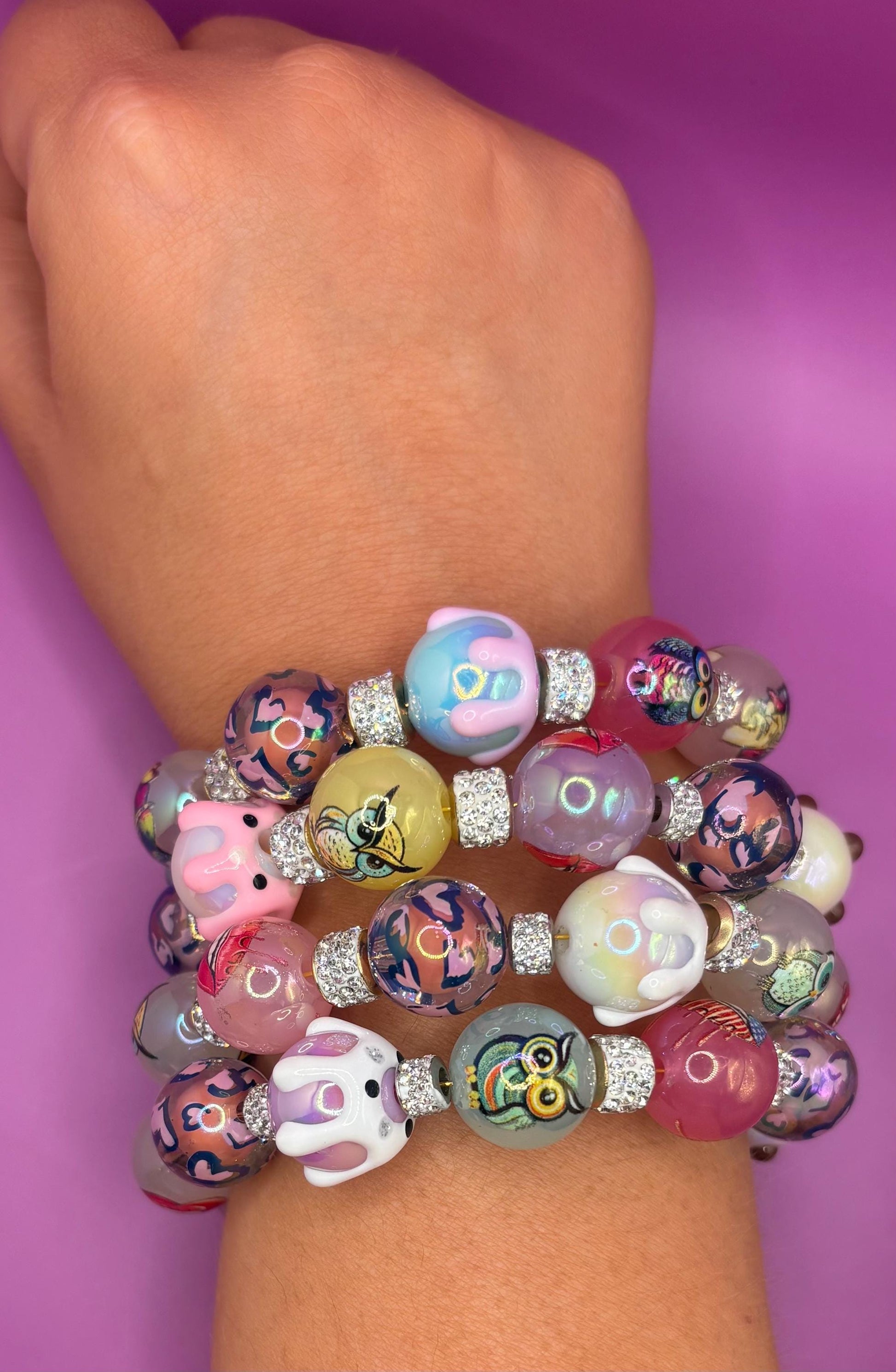 Pastel Resin Bead Bracelet – Handmade Stretch Bracelet with colourful pudding owls and lips fun Jewelry, Cute Gift for Her wrap Bracelet