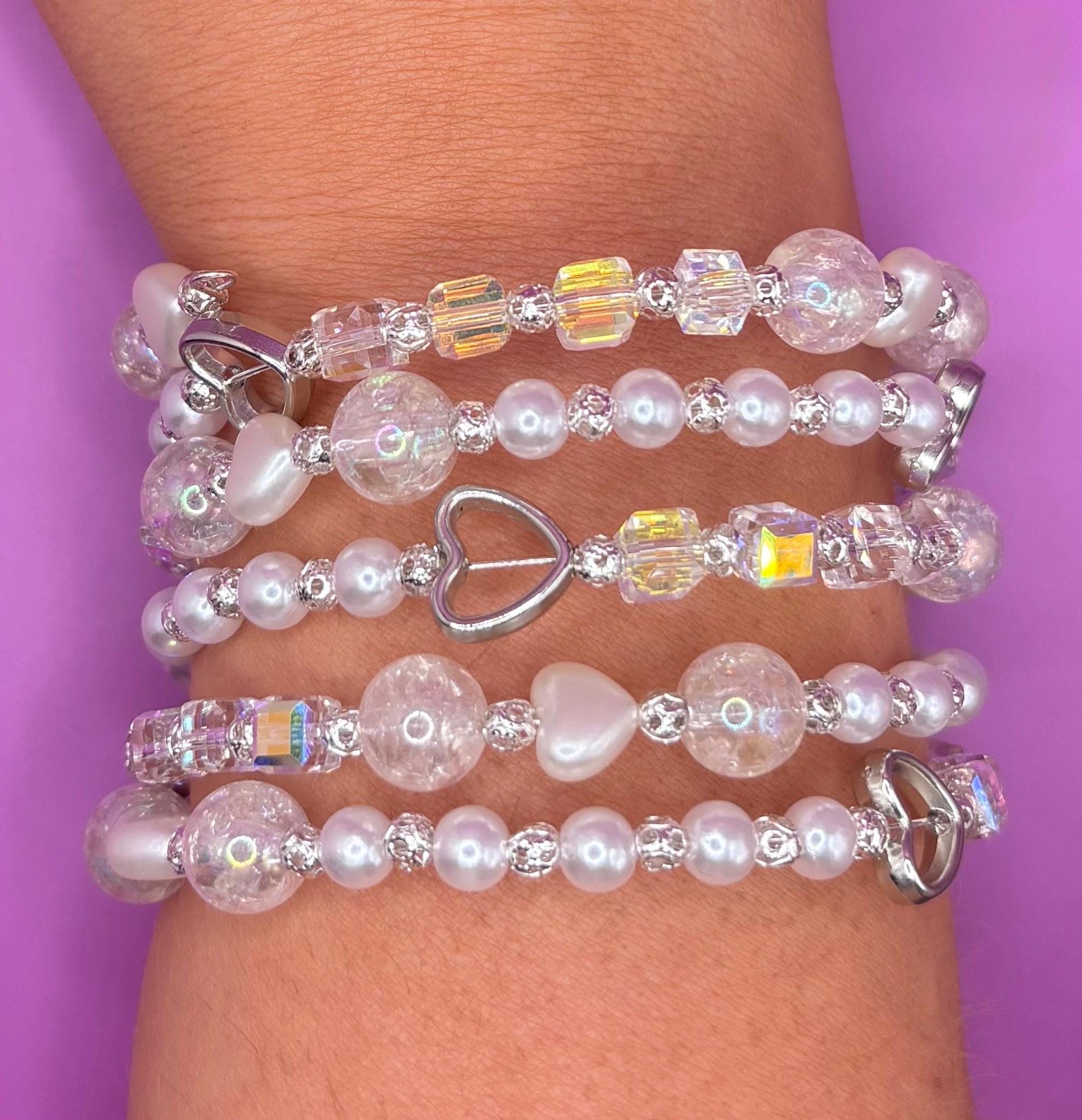 pearlescent Beaded Stretch Bracelet Iridescent Glass, Faux Pearls Silver Accents stretch bracelet