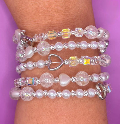 pearlescent Beaded Stretch Bracelet Iridescent Glass, Faux Pearls Silver Accents stretch bracelet