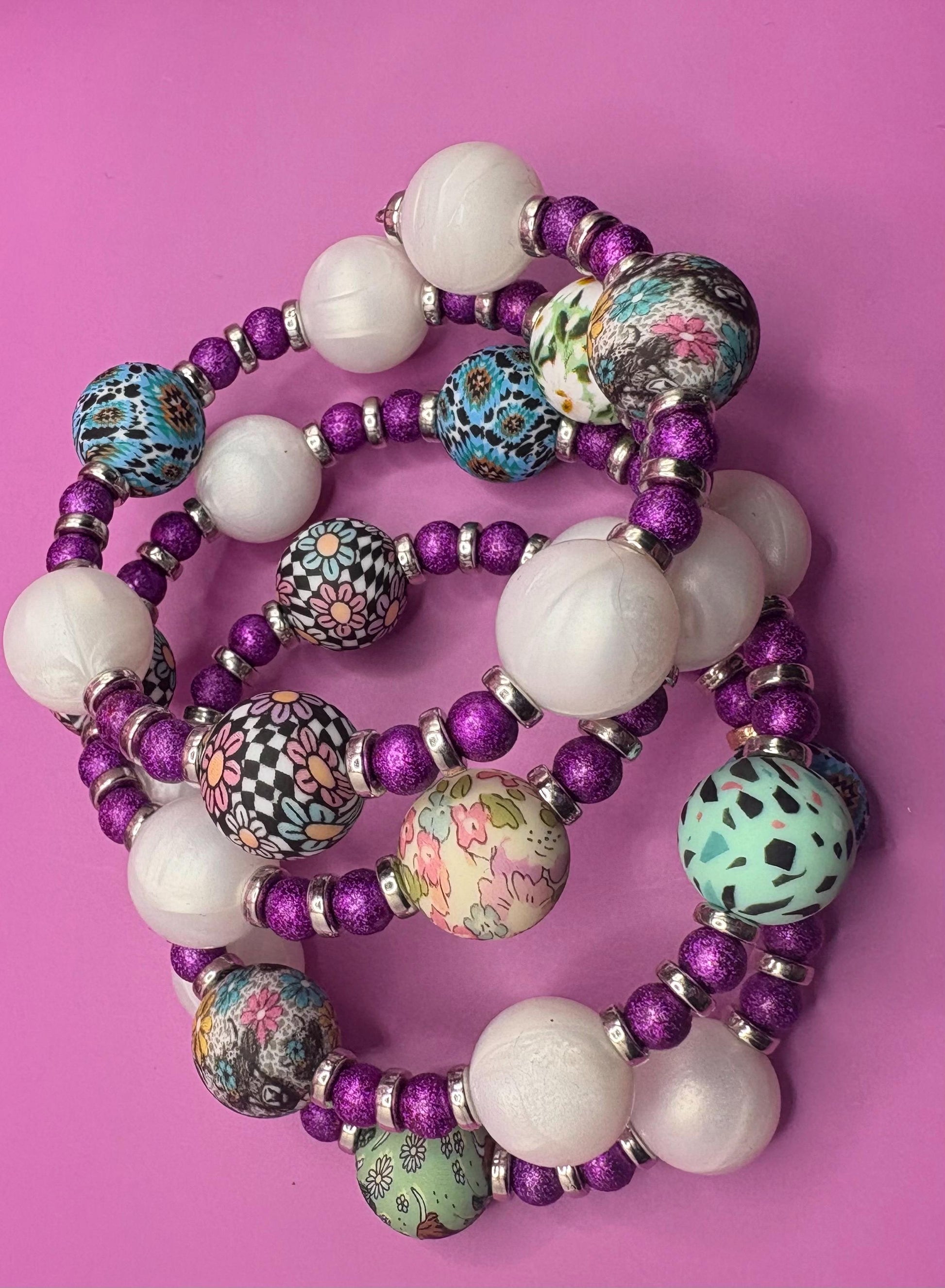 Colorful Beaded Stretch Bracelet | Handmade Boho Statement Jewelry | Bold & Playful Beaded Wrap Bracelet | Gift for Her purple silver