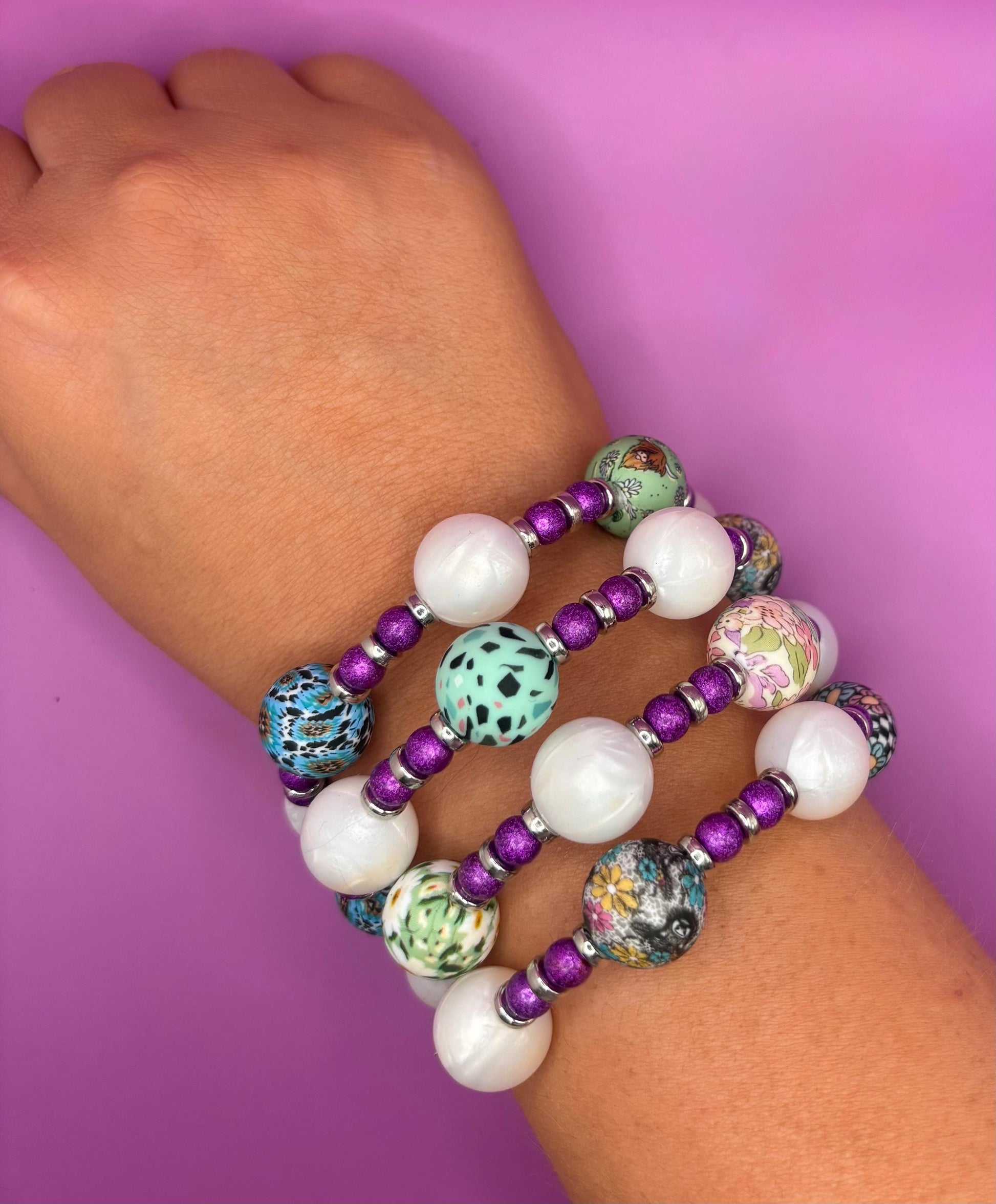 Colorful Beaded Stretch Bracelet | Handmade Boho Statement Jewelry | Bold & Playful Beaded Wrap Bracelet | Gift for Her purple silver
