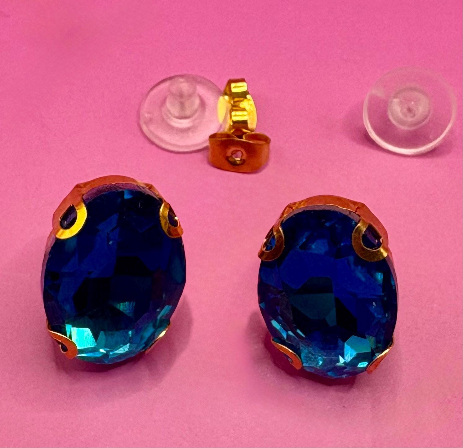 Elegant Blue Gemstone Earrings Gold Tone Oval Studs Perfect Gift for Her Timeless Fashion Jewellery